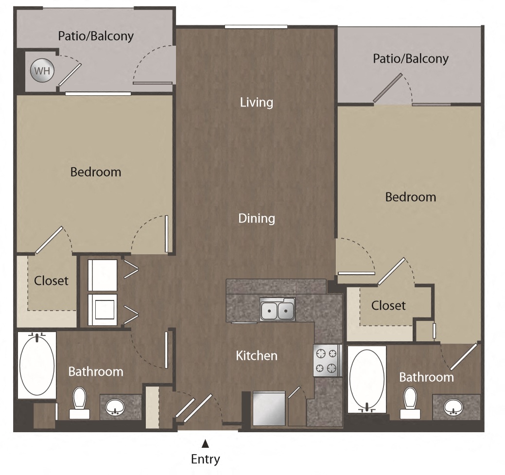 Floor plan for 2 beds, 2 baths, 1021 sqft